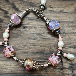 Wedding Cake Pink and Silver Beaded Pearls Bracelet with Delicate beads